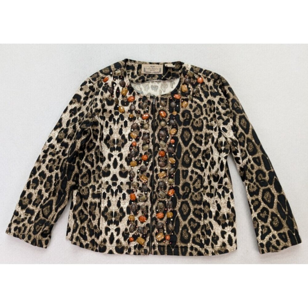 Life Style Women's Jacket Sz PXL Leopard Cheetah Animal Print Beaded Lightweight
